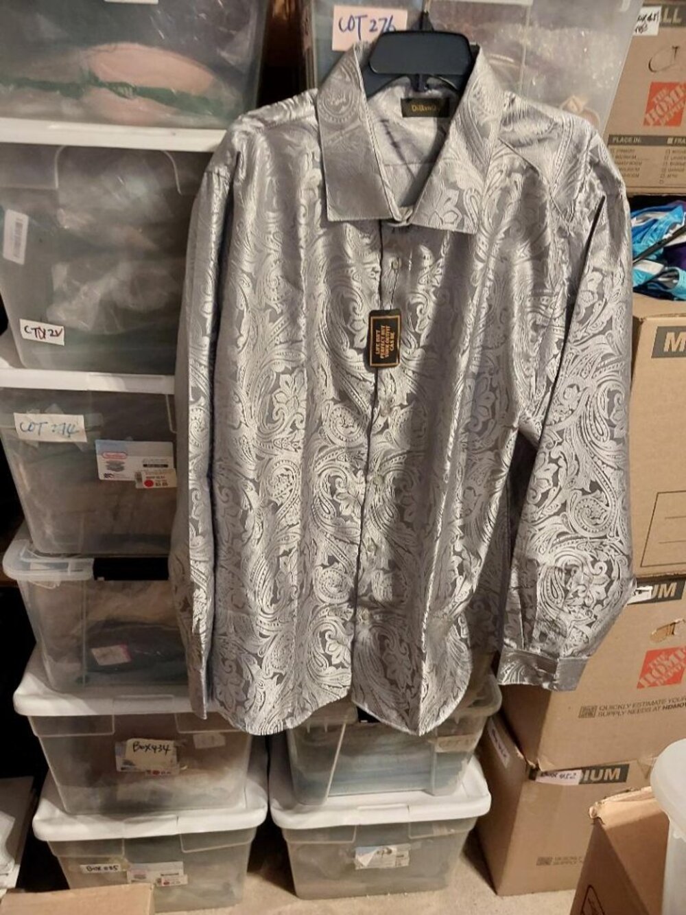 NEW TAG ! DiBanGu Men Long Sleeve Shirt Light Black/White Paisley Silk Sz 2XL